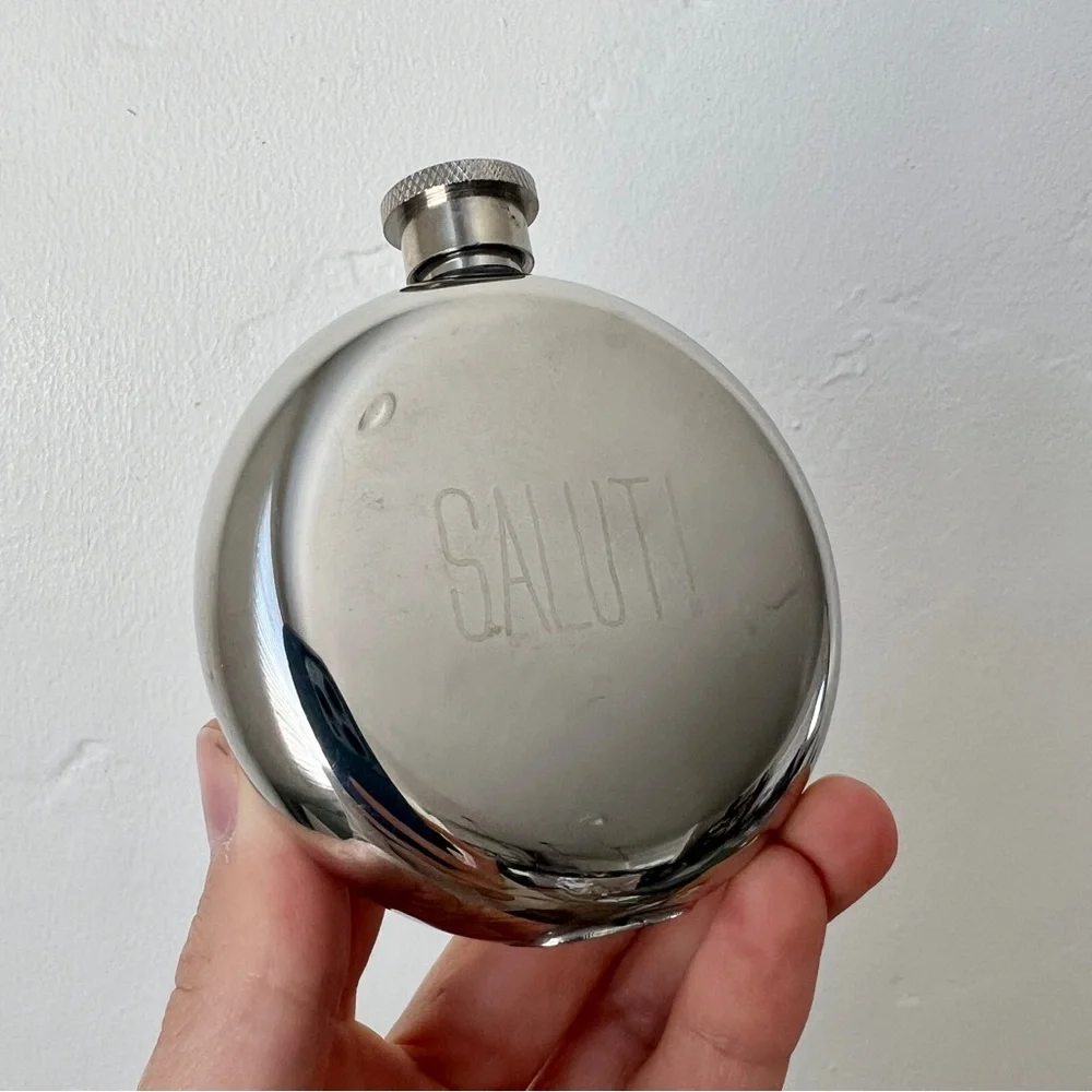 Isola Salut! Polished Stainless Steel 3oz round modern HIP FLASK pocket flask